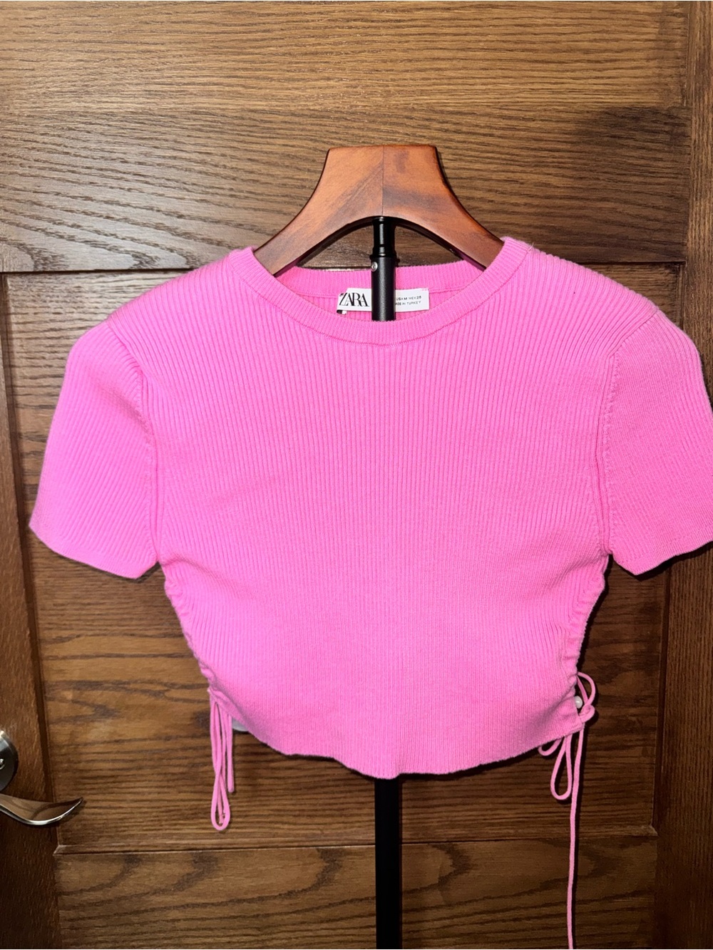 Zara Pink Ribbed Side Ruched Crop Top | Barbiecore Y2K Fitted Knit Tee